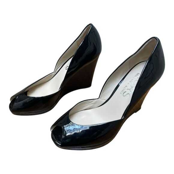 Michael Kors Elegant Black Patent Leather Peep Toe Wedges Size 7.5 Classic - Picture 2 of 8